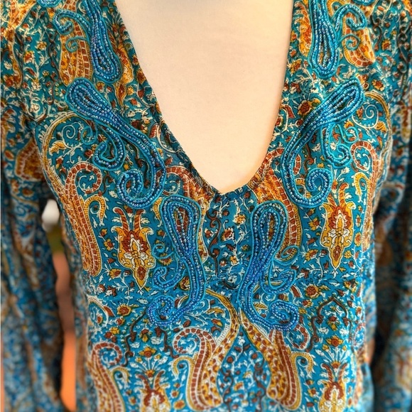 Tolani Women’s Silk Beaded Bohemian Printed Size Small Blouse Teal & Mustard - Picture 3 of 14